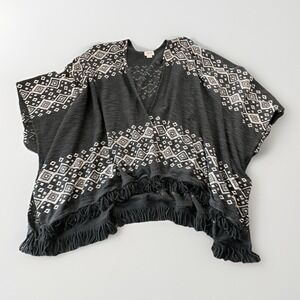 Mossimo Fringe Kimono Cardigan Women S Black Boho Festival Aztec Woven‎ Poncho